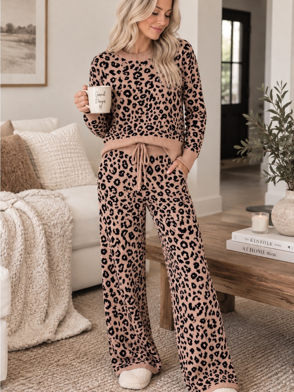 Joyspun Leopard Print Knit Lounge Set XS 0-2 2PC Sweater Wide Leg Pants
